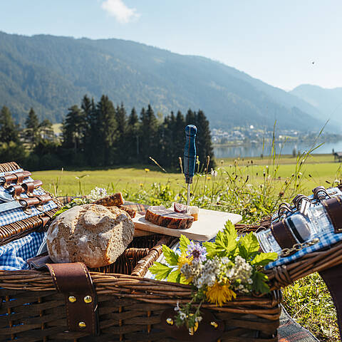 Picknick am Weissensee mit Picknickkorb auf der Wiese
