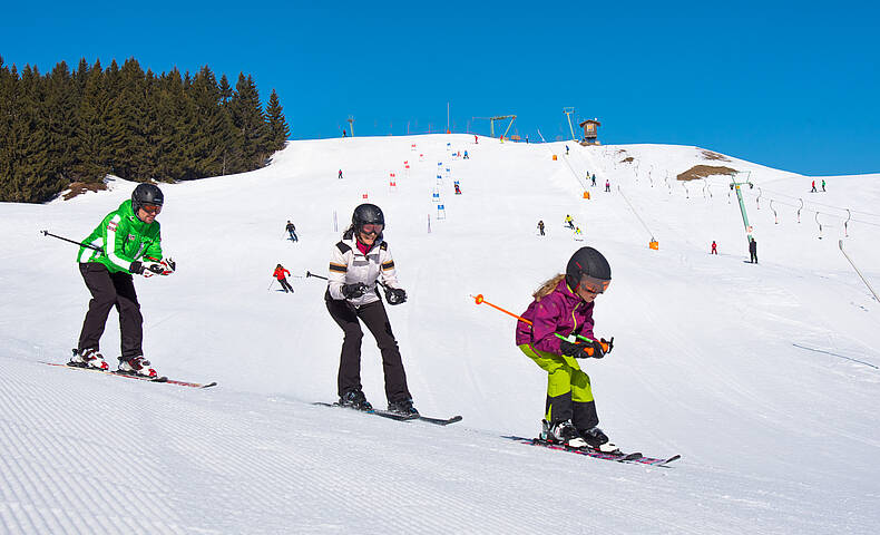 Familie beim Skifahren am Dreilaendereck