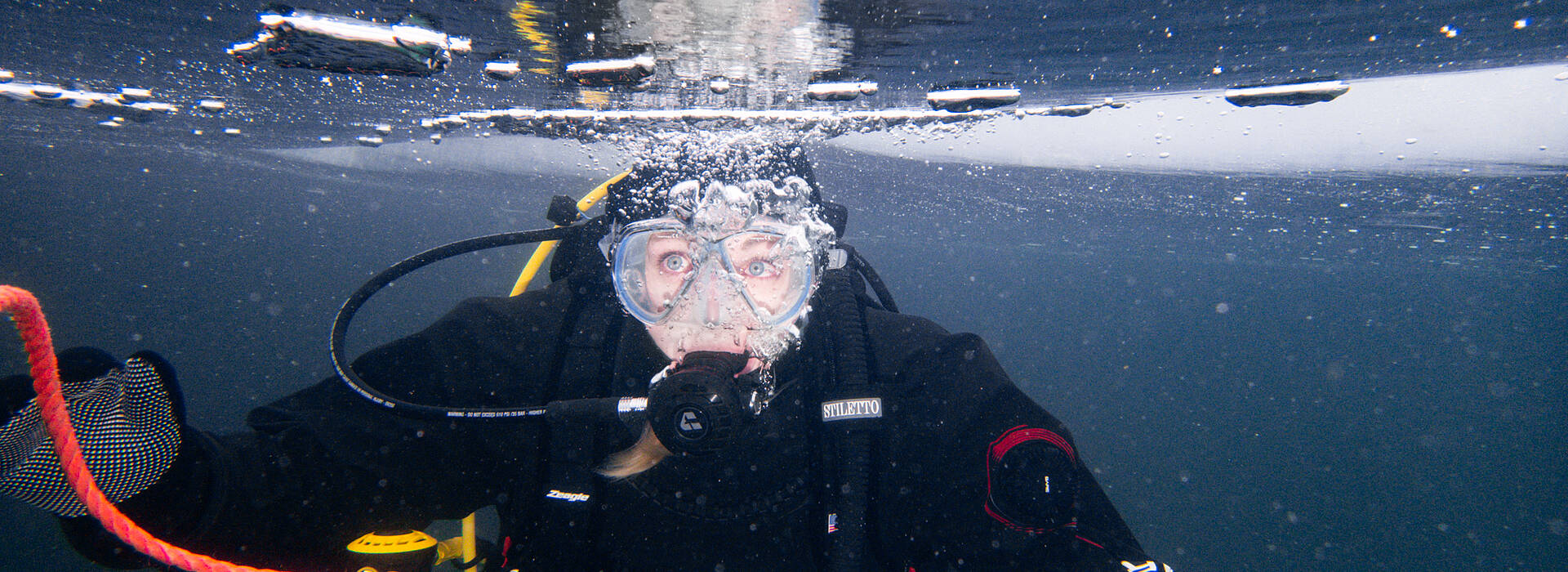 Unter Wasser mit Schutzanzug beim Eistauchen im Weissensee 